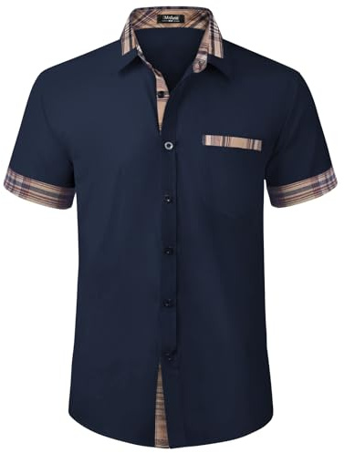 Misfuso Chemise Homme à Carreaux Manche Courte avec Poche Poitrine,Chemise décontractée sans Repassage Bleu XXL