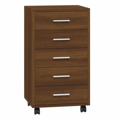 vidaXL Schubladenschrank, Kommode mit 4 Rollen, Schrank Rollcontainer mit 5 Schubladen, Aktenschrank Büroschrank, Modern, Braun Eichen-Optik Holzwerkstoff