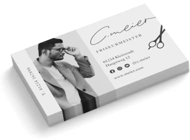 Visitenkarten personalisiert | mit Foto | Design Friseur | 1-seitig | Querformat | Menge + Farbe + Papier zur Auswahl | selbst gestalten | hochwertiger Druck (Weiß, 50 Stück)