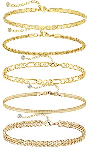 DEARMAY 14K Gold Plated Anklets Waterproof Ankle Bracelets for Women Cuban Link Anklet Bracelets Cute Figaro Paperclip Rope Herringbone Set Jewelry