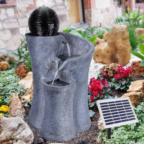 Fontaine de Jardin Solaire Granit-Black-2 (Gris Noir) avec éclairage LED et Batterie Li-ION (Fontaine Solaire Cascade en Spirale)