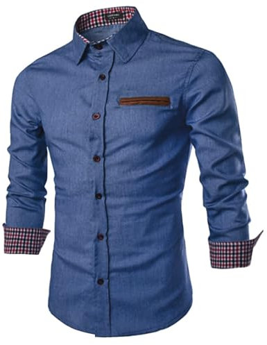 COOFANDY Mens Denim Shirt Long Sleeve Casual Dress Shirt Slim Fit Cowboy Shirts Cotton Button Down Work Shirts with Plaid Collar Sky Blue L