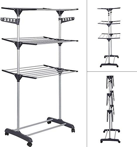 OHMG Etendoirs sur Pied 3 Niveaux Pliable et Portable,Sechoir a Vêtements pour Usage Intérieur Extérieur, Sechoir à Linge avec Ailes Latérales,avec Roues