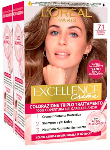 L'Oréal Paris Tinta Permanente Excellence Creme 7.1 Biondo Cenere Colorazione Triplo Trattamento Copre 100% dei Capelli Bianchi Lunga Durata con Acido Ialuronico - 2 Tinte