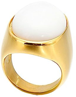 Beydodo Edelstahl Ring Damen, Partner Ringe mit Creme Weiß Stein Siegelring Frauen Ring Personalisiert Nickelfrei Gold Größe 57 (18.1)
