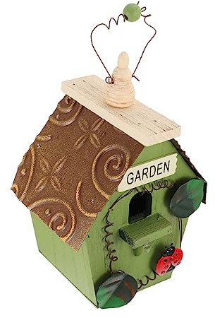 Warmhm Wood Bird House Mini Hanging Nest Handmade Outdoor Garden Decor Green Iron Roof Rustic Style Birdhouse for Garden and Backyard