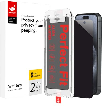 BERSEM 2 Stück Sichtschutz für iPhone 15 Pro Max 6,7 Zoll Anti-Spähen Gehärtetes Glas Schutzfolie mit Einfacher Installationswerkzeug, 9H Härte, Blasenfrei, Anti-Kratzer, Hüllenfreundlich