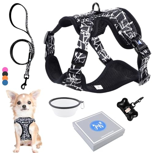 Arnés y Correa para Perro Cachorro Gato Arnes para Perros Anti Tirones Chaleco Transpirable Acolchado Ajustable Original Tamaño Pequeño como Chihuahua Peso Ideal 1,2-3kg(Talla XS Negro, Lote de paseo)