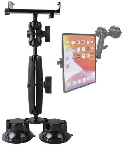 Aluminium-Tablet-Halterung für alle iPads, 360° verstellbar, sichere Doppel-Saugnapfhalterung für Auto, LKW, Windschutzscheibe, Sonnendach, kompatibel mit iPad Pro 12,9 Mini Air, Galaxy Tabs und