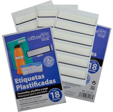 18 Etiquetas adhesivas plastificadas. Perfecto para identificar cualquier objeto. Resistentes al Lavavajillas y al Microondas. Formato rectangular by Office Box