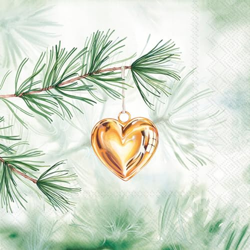 20 Servietten Weihnachten Goldenes Herz an Zweig als Tischdeko. Papierservietten mit Motiv. Auch für Decoupage und Serviettentechnik 33x33cm