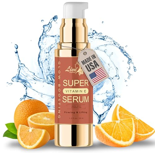 Live Healthy Super Vitamin C Serum with Peptides, Hyaluronic Acid, 30ml, Anti-Aging Face and Neck Serum for Dark Spots, Wrinkles, Brightening, Made in USA