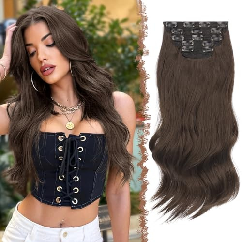 FESHFEN Clip in Extensions Wellig Haarverlängerung, 5 PCS Lang Gewellte Haarextension mit Clips Synthetik Haarteil Hellbraun Haare Extension für Damen, 50 cm