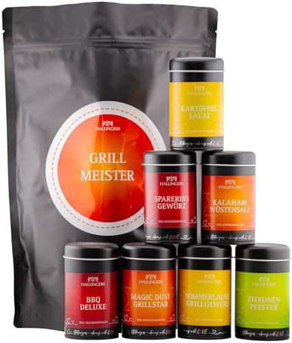 Hallingers Genuss Manufaktur Gewürz Geschenk-Set - Selektion unserer Besteller als Probierset in edlen Aromadosen & Tragetasche Grillmeister Set, Geschenkidee für Männer Freund