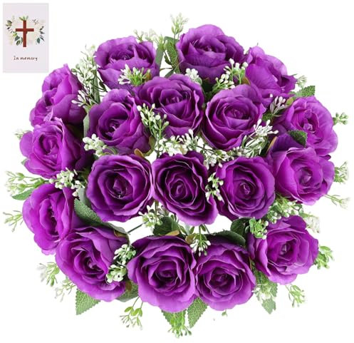bocola 18 lila Rosen Grabblumen für Friedhof, Seide, Gedenkblumen, künstliche Blumen für Grabsteine, Vase, Friedhof, Grabschmuck, Beerdigung, Dekoration, 1 Signatur-Beileidskarte