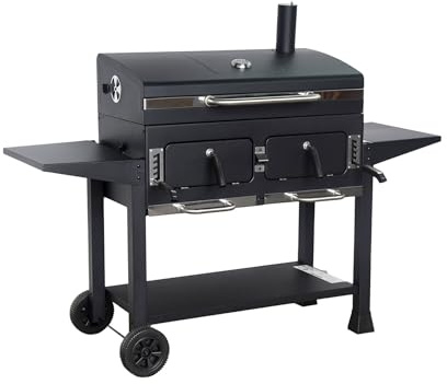 sweeek - Barbecue a Carbonella Bernard XL Nero - Con raccoglitore di cenere, areatori, cassetto per carbone regolabile e ripiani ribaltabili. L 160 x P 107,5 x H 141 cm