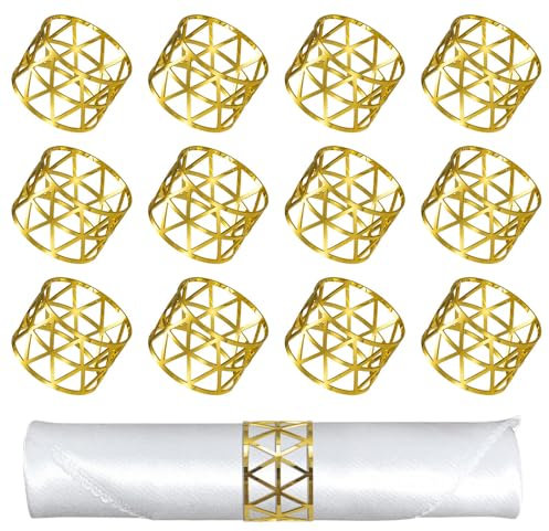 Anillos de Servilleta, Aro de Servilleta Hebilla Ahueca Servilleteros de Metal, Decoración de Mesa para Fiesta de Boda Cumpleaños Navidad, 12 Piezas (Oro)