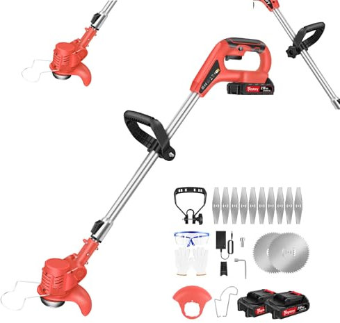 21V Cordless Grass Trimmer with 2x1.5AH Battery, Garden Strimmer Telescopic Lightweight Grass Cutter with 10 X Blades, 90° Head Pivots, for Garden Clearing Weeds Flower Trees