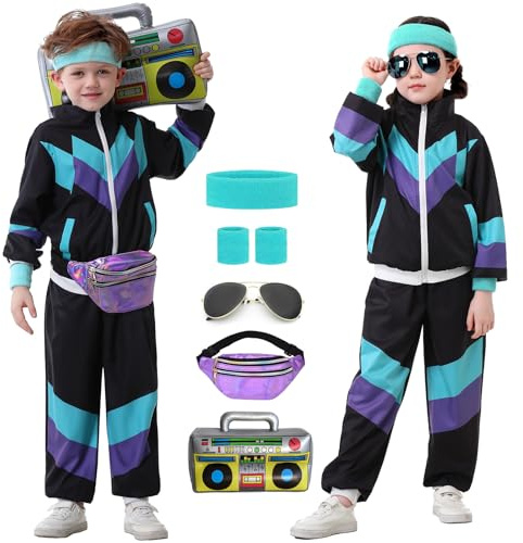 Ezuwail Kids 80s 90s Outfit for Boys Girls 6Pcs Unisex Retro Windbreaker for Toddler Workout Hip Hop Dance Tracksuit Costume Sets for Sportswear Streetwear