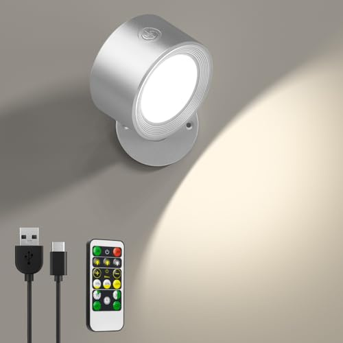 LED Wandleuchte Innen, 1 Stück Wandlampe Akku mit Fernbedienung, 3 Farbmodi Kabellos Wandlichter Lampen ohne Strom, 360° Drehbare Nachttischlampe Strahler für Kinderzimmer Schlafzimmer Wohnzimmer