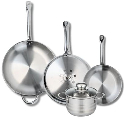 ELO 9884750 Batterie de cuisine 4 pièces, Ensemble de 3 Poêles de cuisson 24, 28 et 32 cm et 1 faitout 16 cm Elo Profi Brillant, inox, induction