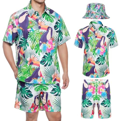 Joyesplay Camicia Hawaiana Uomo 3 Pezzi Outfit Hawaiano Uomo con Camicia Fenicottero Shorts Cappello da Pescatore Camicie Hawaiane per Estate Spiaggia Camicia Festa in Piscina, Grün01., XL