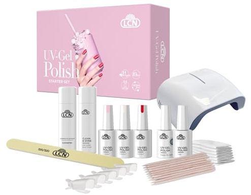 LCN UV-Gel No File Gel Polish Starter Set Basic- Einsteiger-Set für Naildesign - Inkl. LED-UV-Lampe, 3 Farben, Base & Top Coat - Vegan, HEMA-frei