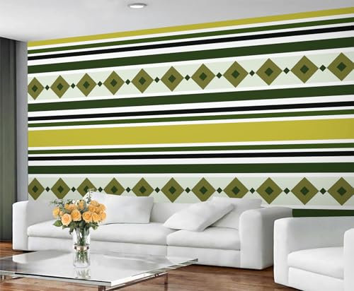 YEMYOR Fresques géométriques à lignes, fresque murale à rayures vertes rétro, papier peint carré géométrique jaune-vert, papier peint moderne géométrie artistique-150x100cm
