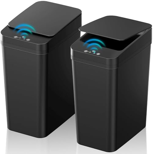 CISSIYOG Black Bathroom Bin with Lid,2xPack 10L Touchless Sensor Bin – Slim Automatic Rubbish Bin for Kitchen, Bedroom, Toilet, Office – Smart Motion Garbage Bin