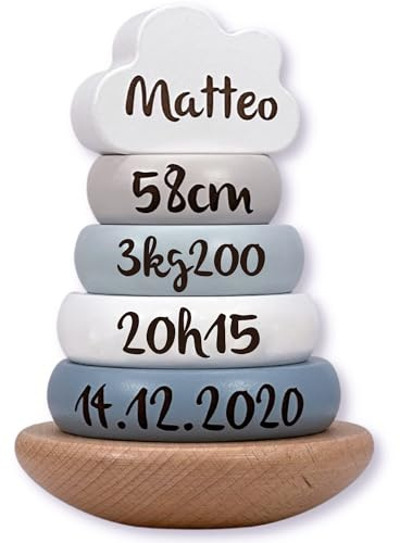 Mainely Personalizzabile Torre impilabile in Legno Blu – Sviluppa la motricità fine e la coordinazione – per Bambini da 12 Mesi – con Nome e Dati di Nascita – Label Label