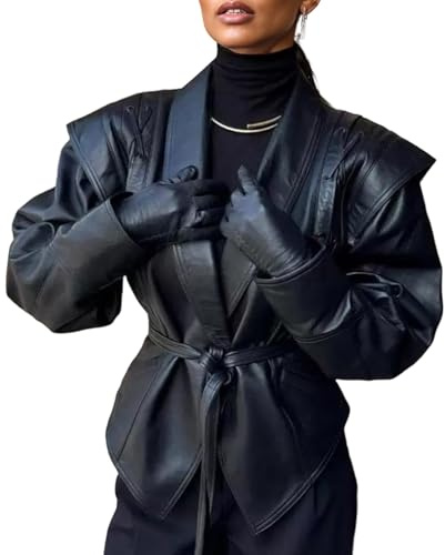 LETSVDO Leather Jacket Women Faux PU Oversized Lace Up Asymmetrical Belted Motorcycle Bomber Coats Fashion Fall Clothes