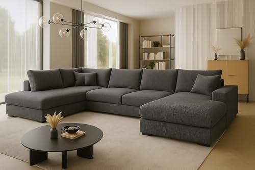 A&J MöbelLand Ecksofa Fabio 328x182 cm mit Schlaffunktion, Bonellfederkern und Bettkasten in Dunkelgrau – modernes Schlafsofa mit Stauraum