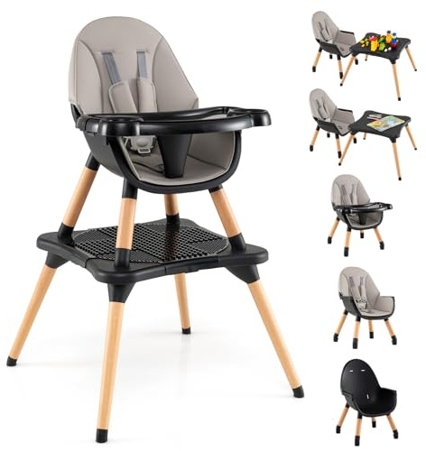 GOPLUS 6 in 1 Hochstuhl Baby, Kinderstuhl mit abnehmbares Bausteintisch, Babyhochstuhl mit verstellbar Doppeltablett, Kombihochstuhl, Essstuhl, Lerntisch, Kinderhochstuhl für 6-36 Monate (Schwarz)