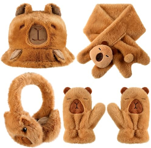 Newcotte 4 Pcs Winter Capybara Hat Earmuffs Scarf and Gloves Set Plush Capybara Winter Warm Set Comfort Cartoon Animal Costume for Women Girls Teens Gift Birthday