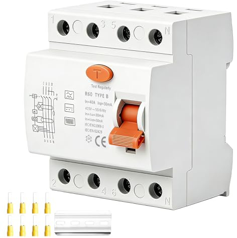 Fi Schutzschalter 4P Typ B 40A 30mA, Fi Typ B, Fi-Schalter 4 Polig RCD Fehlerstromschutzschalter TypB Schalter Allstromintensiv DIN Hutschiene für Wallboxen, Ladestationen, Sicherungsautomaten