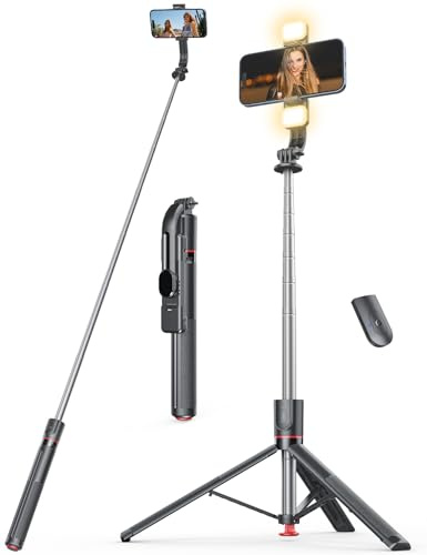 67 Longer Selfie Stick, Tripod for iPhone with 2 Fill Lights, Auto-Open Phone Tripod Stand with Remote, Portable Travel Monopod for Smartphones