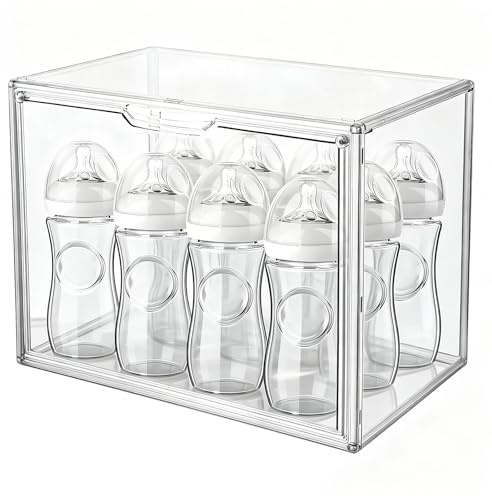 MAIDIWUDI Baby Bottle Organizer with Magnetic Door for Cabinet – Stackable Clear Organizer Nursery Storage Bin for Baby Bottles, Pacifiers, Pump Parts
