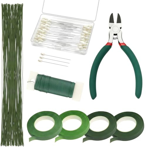 Florist Wire and Floral Tape Floral Arrangement Kit Green Floral Tape and Floral Wire, Boutonniere Pin Arrangement Tools Kit for Bouquet Wrap Florist DIY Wreath Making Supplies