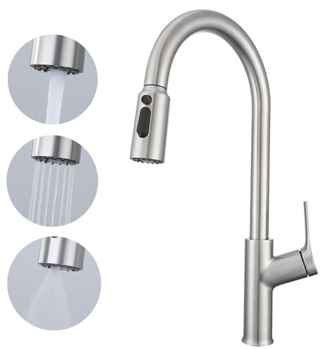 Yamatarao Kitchen Mixer Tap with Pull Out Spray, Single Lever Monobloc High Arc Swivel Sink Tap, 3-Mode Spray Head, Brushed Stainless Steel