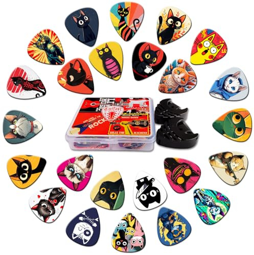 Plektrum 24 Stück,0,71mm Medium Guitar Picks mit Plektren Halter(Katze) | Gitarren Plektrum für Akustikgitarre,E-Guitar,Bass,Gitarren Zubehör,Musik Geschenk