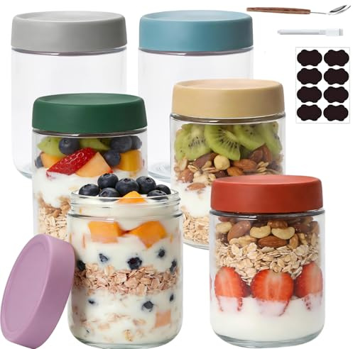 FRKOKRFA Overnight Oats Gläser 6 Stück 500ml Einmachgläser mit Schraubdeckel für Hausgemachte Marmelade, Chutney, Joghurt, Einlegen, Einmachen, Als Mason Jar