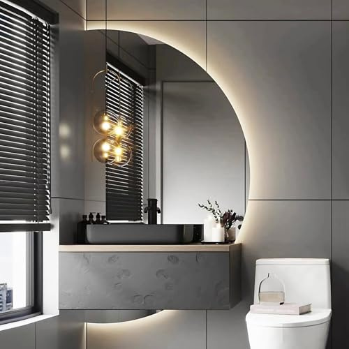 Aenmezen Specchio da Bagno a Mezzaluna Moderno Senza Cornice, Specchio Cosmetico da Parete Antideflagrante, Retroilluminato, con Interruttore Tattile, Luce a 3 Colori(Left cut,90 * 60cm)