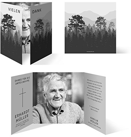 Danksagungskarten (10 Stück) Trauer Dankeskarten Individuell - stiller Wald in Schwarz und Weiß