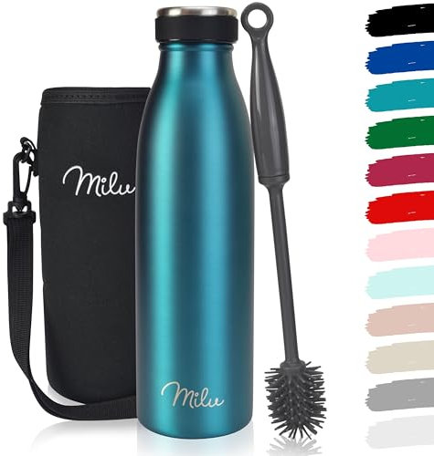 Milu - Thermo in acciaio inox da 350/500/750/1000ml/1,5L borraccia termica, a prova di perdite, a doppia parete, adatta per bevande gassate, con spazzola per la pulizia (Verde, 500ml)