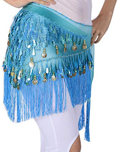 YAOTT Damen Chiffon Hüfttuch Münztuch Münzgürtel Bauchtanz Gürtel mit Pailletten und Münzen Bauchtanz Samba Belly Dance blauer See One Size