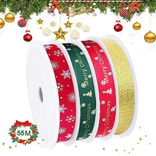 KANOSON Geschenkband Weihnachten, 4 Rollen Weihnachtsbänder Schleifenband/Dekobänder/Ripsband für Geschenkverpackung,Stoff Weihnachtsband für DIY Handwerk,Nähen, Rot,Grun,Gold, Länge 55M