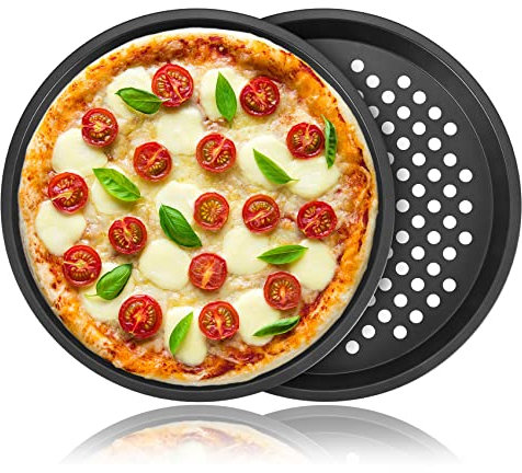 Tiamu 2 Pcs Bandejas Pizza Horno Redondas, Pizza, Molde para Quiche, Molde para Pizza, Antiadherentes y Perforadas, Bandeja Redonda para Bizcocho Tartaleta Pizza, 28cm