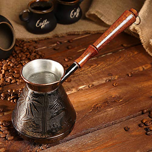 AEVVV Copper Turkish Coffee Maker 20 Oz - Stovetop Cezve Ibrik Vintage Decor Engraved Birds Ornament - Briki Greek Coffee Pot with Wooden Handle