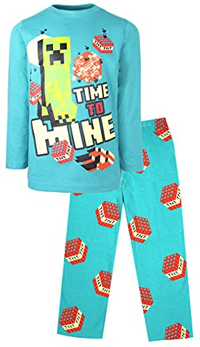 Minecraft - Pyjama pour garçons - Pyjama à Manches Longues 100% Coton - Pyjama Bleu pour garçons avec Creeper Vêtements 9-10 Ans