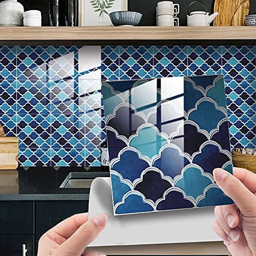 Hiseng 25 Stück Küchenrückwand Fliesenaufkleber, Hiser Scales Mosaik Stil Wasserdicht Ölfest Stickerfliesen Marmor Deko Selbstklebende für Badezimmer Wohnzimmer Dekoration (Navy blau,15x15cm)